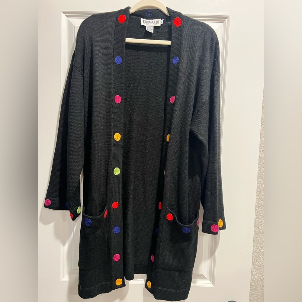 Vintage Richard and Company Black Cardigan with Colorful Polka Dots